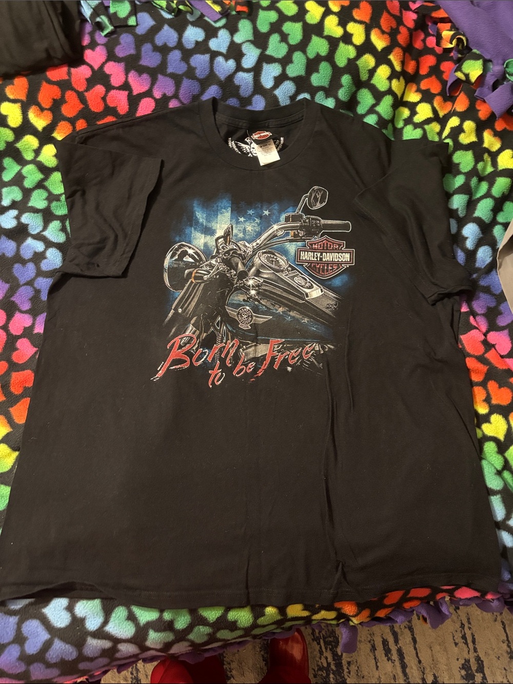 Harley-Davidson Black Tee with Red and Blue Motorcycle Graphic